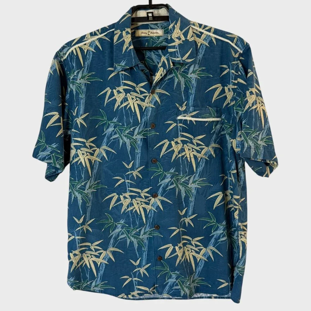 Tommy Bahama Bamboo Print Silk Camp Shirt Blue Mens Large S/S Hawaiian Button-Up